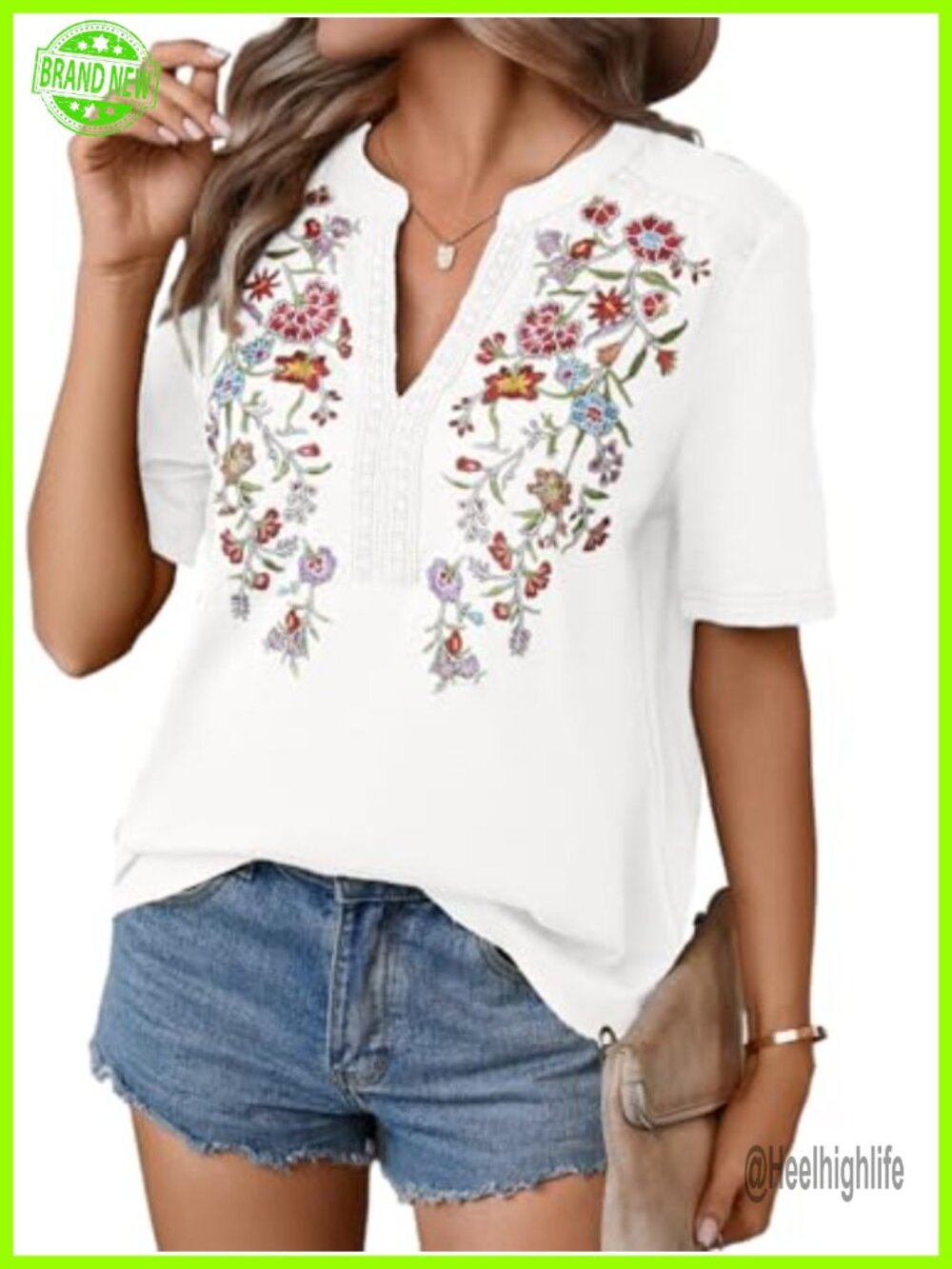 Womens Embroidered Mexican Tunic Top V Neck Short Sleeve Floral Blouse